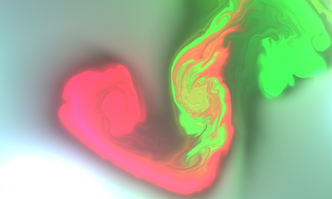 Vibrant green and pink fluid swirls against a soft, muted background.
